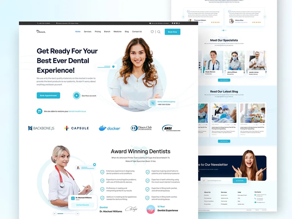 Website phòng khám chuyên nghiệp thể hiện uy tín bác sĩ và dịch vụ y tế.